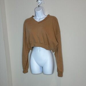 Aerie Camel V-Neck Cropped Sweatshirt